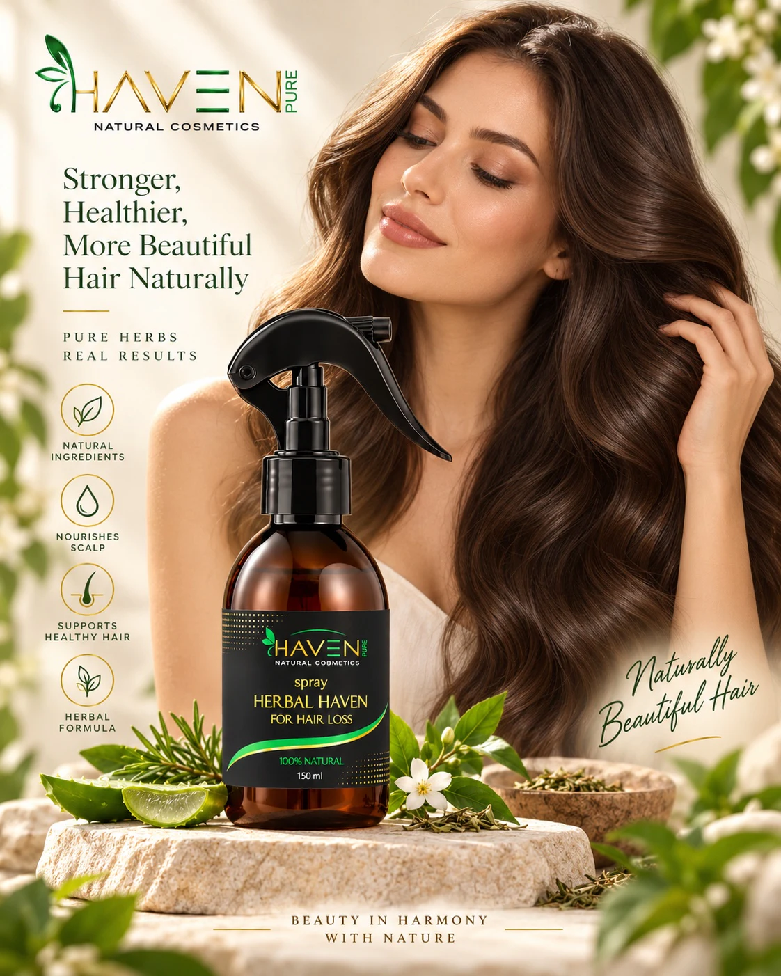 Herbal Haven bottle with model and daily hair-care benefits