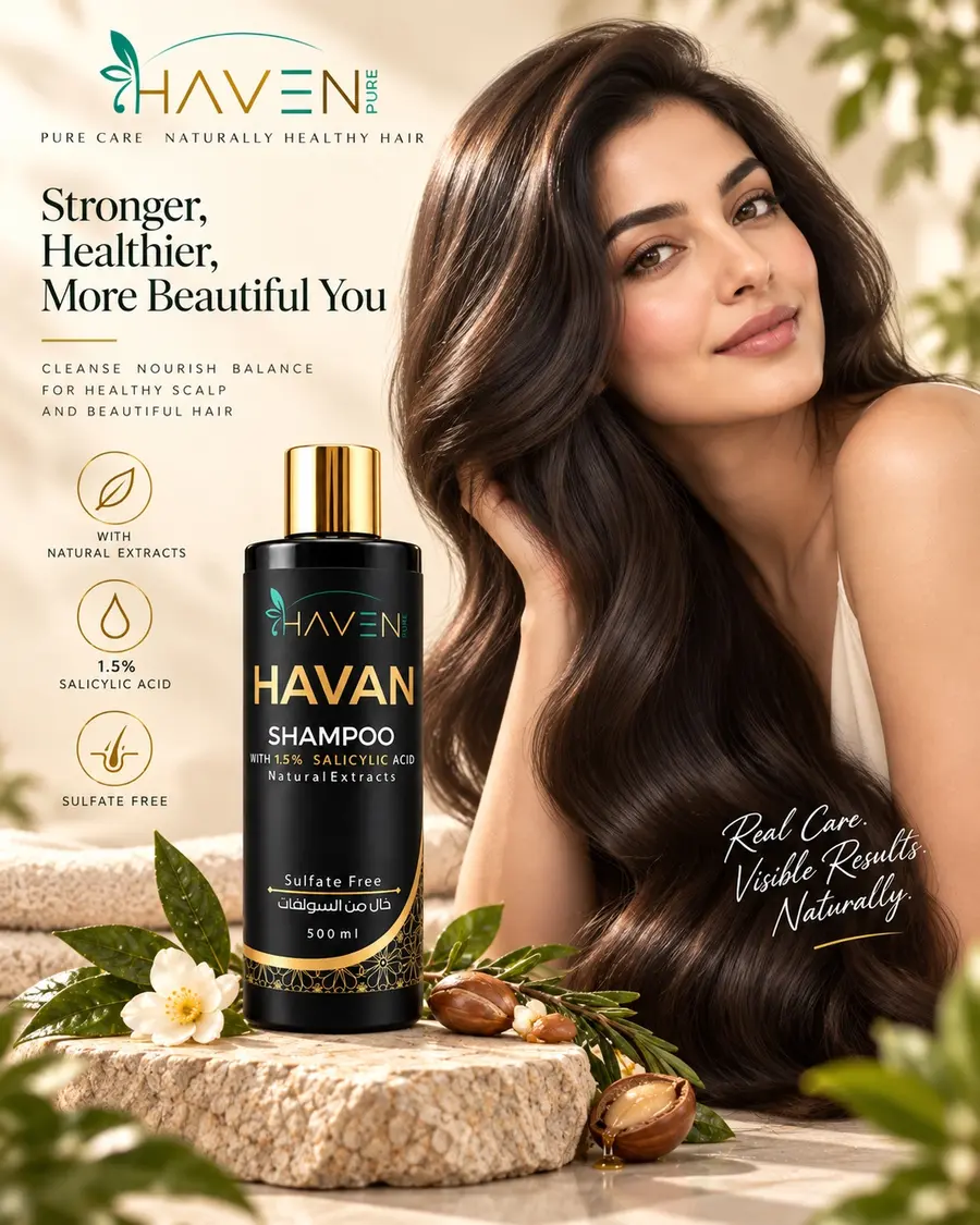 HAVEN PURE Zero Sulfate Shampoo with a model in a gentle hair-care setting