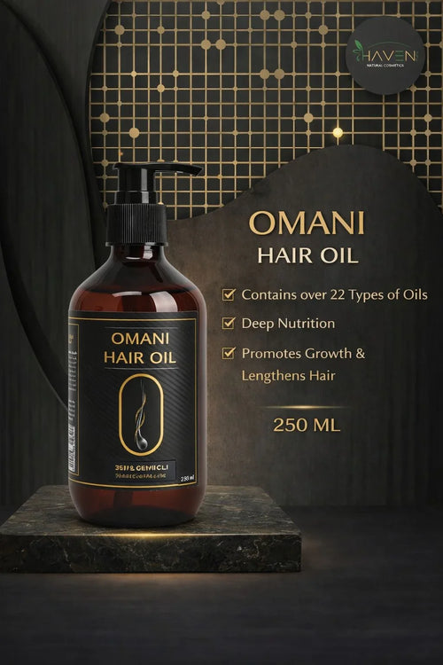 Omani hair oil bottle 250ml with gold label, premium hair care, deep nutrition benefits.