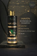 Black and gold bottle of HAVEN economical shampoo, 500ml, for healthy and thick hair.
