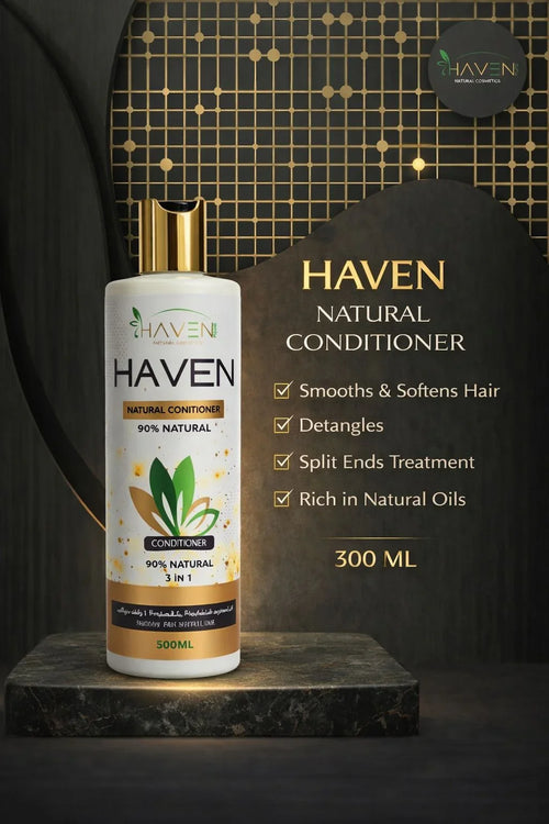 Natural hair conditioner bottle with gold cap on dark luxury background, highlights smoothness, detangling, split ends treatment, and natural oils.