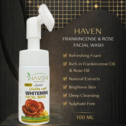 3-in-1 whitening facial wash with frankincense and rose, foam brush applicator, 100ml