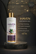 Shower gel bottle with gold cap on dark luxury background, highlights deep cleansing, exfoliation, moisturizing, and refreshing scent, 500 ml.